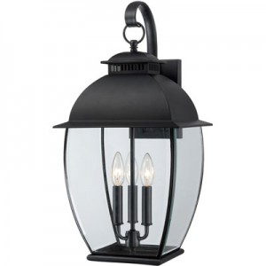 This Three Light Wall Lantern is part of the Bain Collection and has a Mystic Black Finish. It is Outdoor Capable.