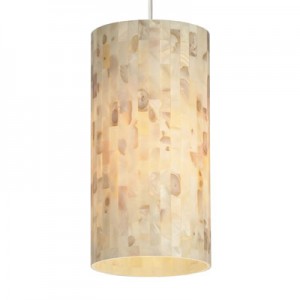 Elegant multi-toned cylindrical pendant shade comprised of natural shell panels.