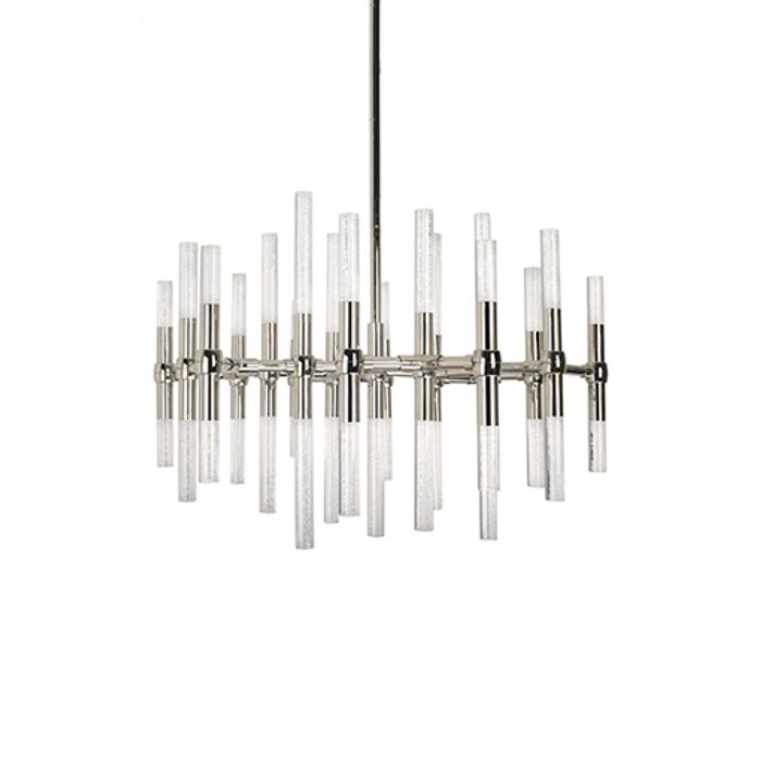 The single-stem Turin chandelier includes 19 polished nickel parallel pipes vertically arranged to deliver up and down illumination from champagne-bubbled acrylic ends. (Kuzco CH9628PN)
