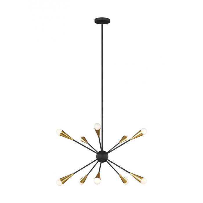 The Jax chandelier channels the celestial allure of a starburst silhouette, celebrating its iconic status within classic art deco design in a Polished Nickel finish. Also available in Burnished Brass and two-tone Midnight Black/Burnished Brass combination. (Feiss EC10310MBK)