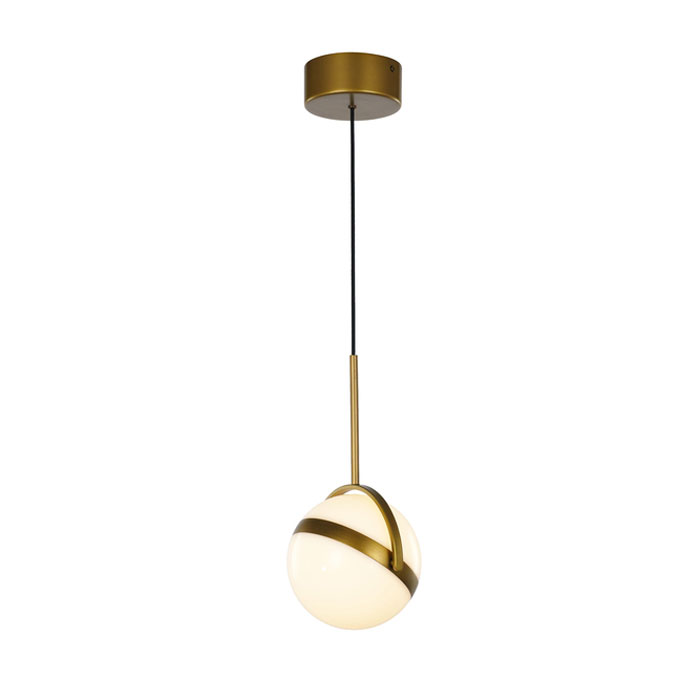 The Globo pendant is a statement in modernity with a simple metal band in Satin Gold finish is wrapped around a glowing white orb that can be tilted in different directions to achieve your desired look. Also available in Matte Black finish. (Alora PD431001SG)