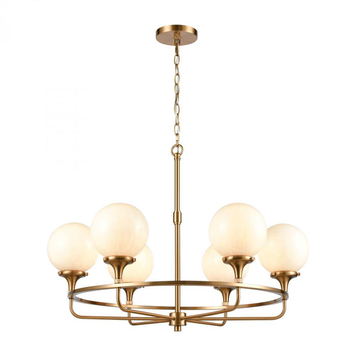 The Beverly Hills chandelier has a retro chic look with classic globe-shaped glass in a feathered cloud white color. The satin brass-finished frame has flared glass holders that showcase the richness of the glass.