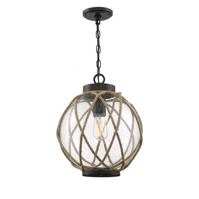 Meridian Collection 1-Light Pendant in Oil Rubbed Bronze with Rope-Wrapped Clear Glass Shade Savoy House M70089ORB