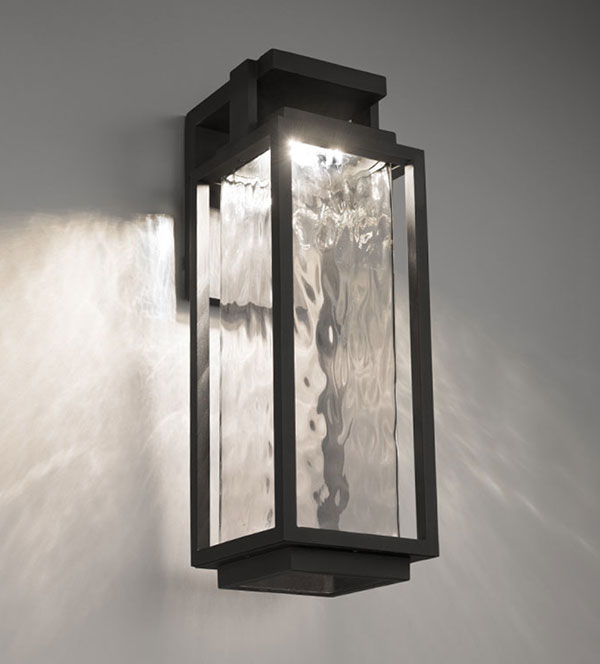 Two If By Sea Collection 1-Light Outdoor Wall Sconce in Black with Clear Hammered Mouth Blown Glass Shade Modern Forms