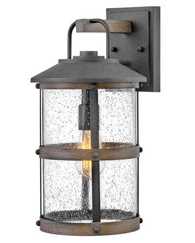 Lakehouse Collection 1-Light Wall Mount Lantern in Aged Zinc with Weathered Wood Accents and Clear Seedy Glass Shade Hinkley