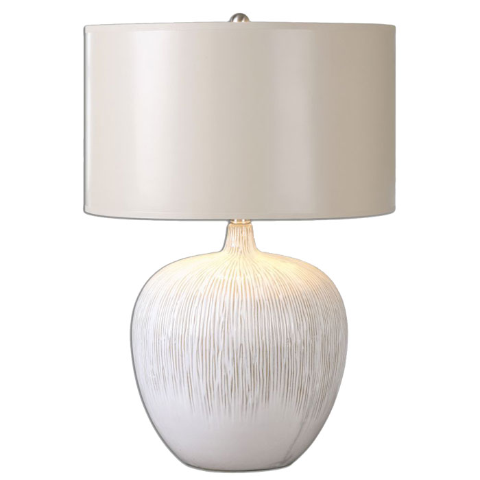 Georgios Collection 1-Light Table Lamp with Distressed Aged Ivory Glaze Base and Khaki Bronze Round Hardback Drum Shade Uttermost 26194-1