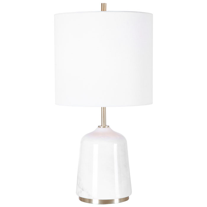 Eloise Collection 1-Light Table Lamp with White Marble Base and Brushed Light Brass Accents with a White Linen Round Drum Shade Uttermost 28332-1