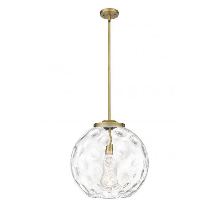 Athens Collection Bring a classic look to any room with this 1-light pendant in brushed brass, featuring a clear water glass globe shade to add texture and dimension.