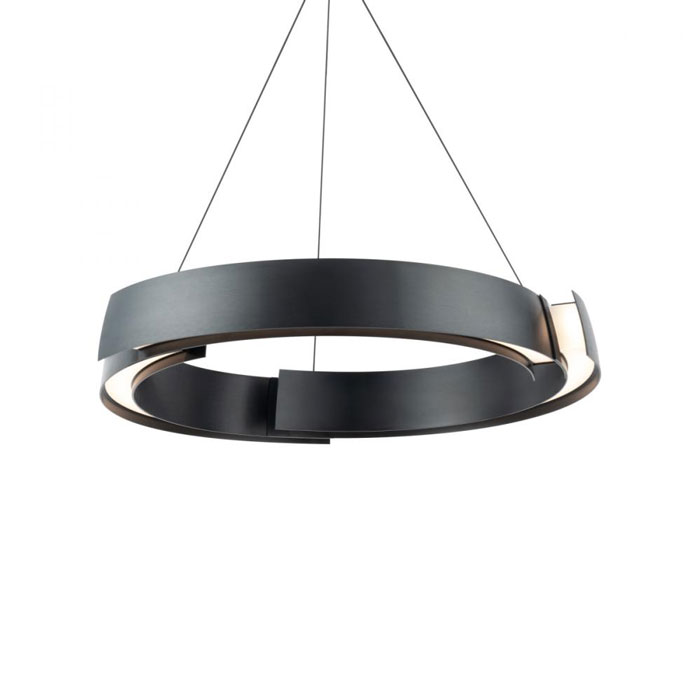 Battlestar Collection Anticipating a convergence of rugged curved metal forms, this remarkable minimalist chandelier is illuminated with advanced LED technology for enduring beauty and energy efficiency. 28” LED chandelier in black with curved metal bands and an acrylic diffuser.