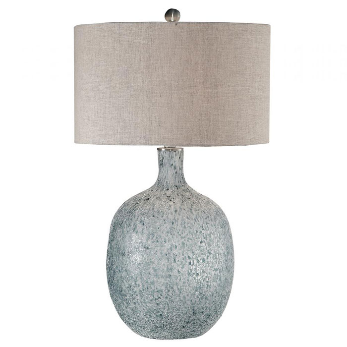 Oceaonna Collection 1-Light Table Lamp with Blue-Green Mottled Glass Base and Light Beige Linen Round Hardback Shade Uttermost