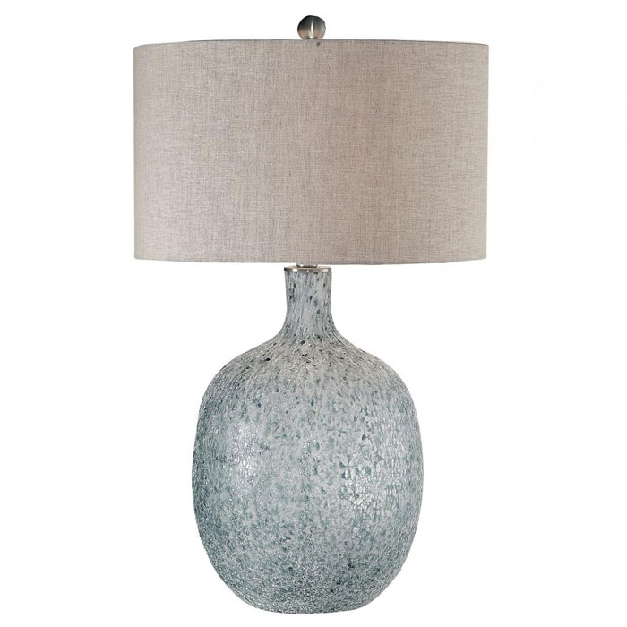 Oceaonna Collection 1-Light Table Lamp with Blue-Green Mottled Glass Base and Light Beige Linen Round Hardback Shade Uttermost