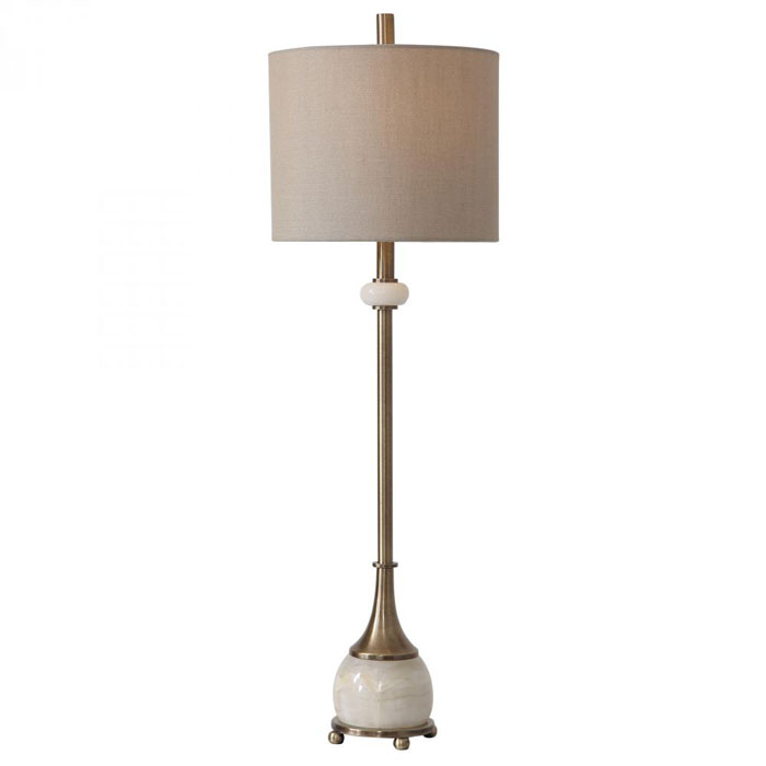 Natania Collection 1-Light Buffet lamp in Plated Brass and White Marble with Warm Khaki Linen Round Hardback Shade Uttermost 29687-1