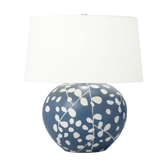 Nan Collection 1-Light Table lamp in Semi Matte Navy Blue and White with Round White Linen Shade Visual Comfort HT1011WLSMNB1