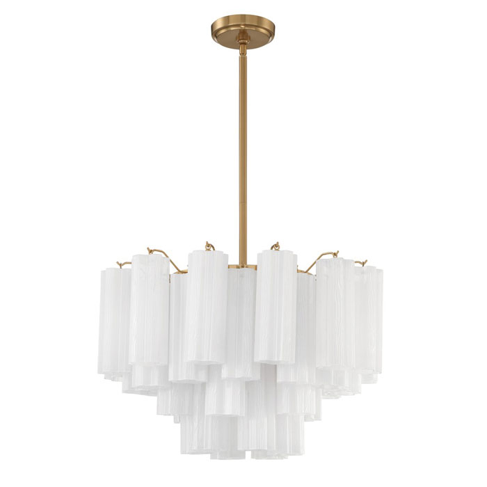 Addis 9 Light Chandelier in Aged Brass CRYADD43108-AG-WH The captivating Addis Lighting Collection is a modern-day interpretation of the iconic mid-century Tronchi chandelier. Inspired by its predecessor's sleek lines and geometric shapes, the Addis features a polished Chrome or Aged Brass metal frame that exudes sophistication and style. Its unique design showcases transparent tiers of textured Tronchi glass tubes, forming a mesmerizing 5-point rounded star shape. The Addis Lighting Collection offers various sizes and finishes, allowing you to find the perfect fit for your space while adding a touch of timeless elegance