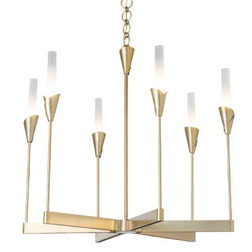 Lilium Collection 6-Light Chandelier in Modern Brass with Bobeche-Encased Cylindrical Frosted Glass Shades Hubbardton Forge 101702-SKT-86-WC0821