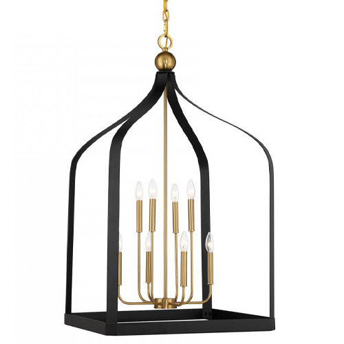 Sheffield Collection 8-Light Pendant in Matte Black With Warm Brass Accents and Candle Sleeves Savoy House 7-7800-8-143