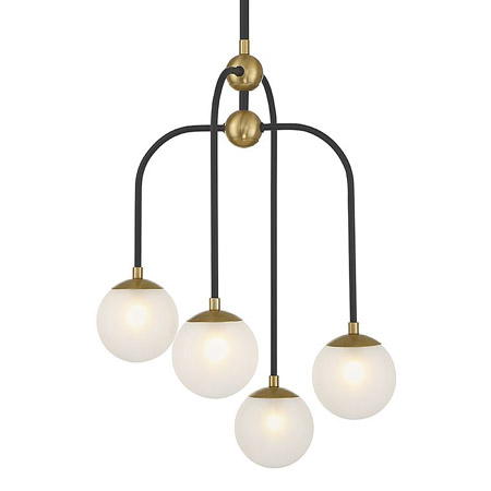 Couplet Collection 4-Light Chandelier in Matte Black with Warm Brass Accents and Sanded Glass Orbs Savoy House 1-6697-4-143