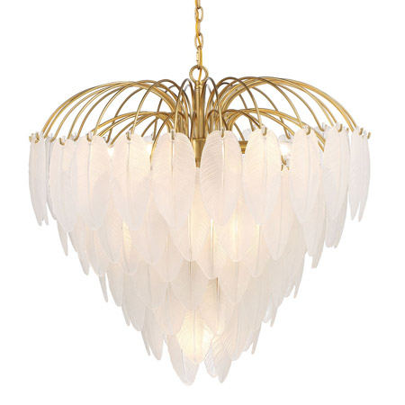 Boa Collection 9-Light Chandelier in Warm Brass with Cascading Frosted Glass Feathers Savoy House 1-3504-9-322