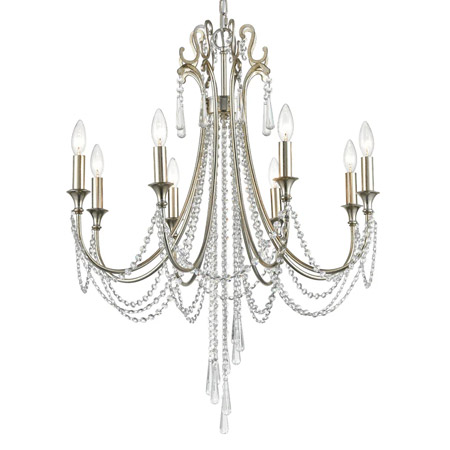 Arcadia Collection 8-Light Chandelier in Antique Silver with Hand-Cut Crystal Strands and Prism Drops Crystorama ARC-1908-SA-CLMWP