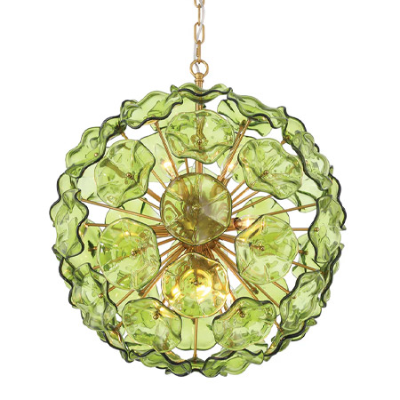 Esme Collection 9-Light Chandelier in Aged Brass with Hand-Blown Art Glass Flower Petals Spherical Shade Crystorama ESM-4006-AG-GR