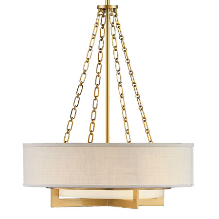 Brentwood Collection 4-Light Pendant in Warm Brass with Tiered Drum Shaped White Linen Shade and Brass-Framed Glass Shade Savoy House 7-4999-4-322