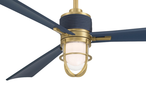 Nauticus Collection (indoor/outdoor) 65” 3-Blade LED Ceiling Fan in Legacy Brass with Navy Blue Blades and Clear Glass Shade Minka F768L-LBR-NVY