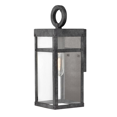 Porter Collection 1-Light Outdoor Wall Mount Lantern in Aged Zinc with Clear Glass Panels Hinkley 2806DZ