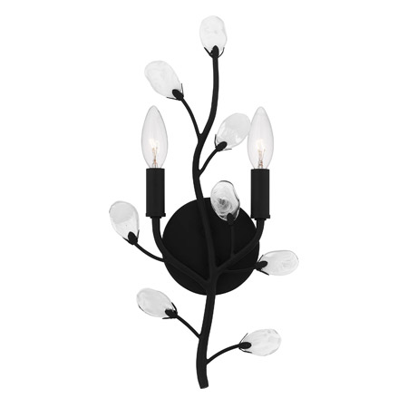 Heiress Collection 2-Light Wall Sconce in Matte Black with Clear & White Swirling Glass Leaf Accents Quoizel HEI8709MBK